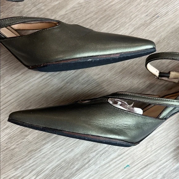 Cole Haan Collection Pointed Toe Strappy Pumps in Metallic Olive Green Leather - Picture 4 of 16